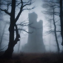 A dark and eerie forest with tall, twisted trees and dense underbrush