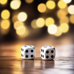 A close-up image of a pair of dice being rolled on a wooden table