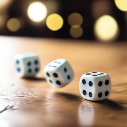 A close-up image of a pair of dice being rolled on a wooden table