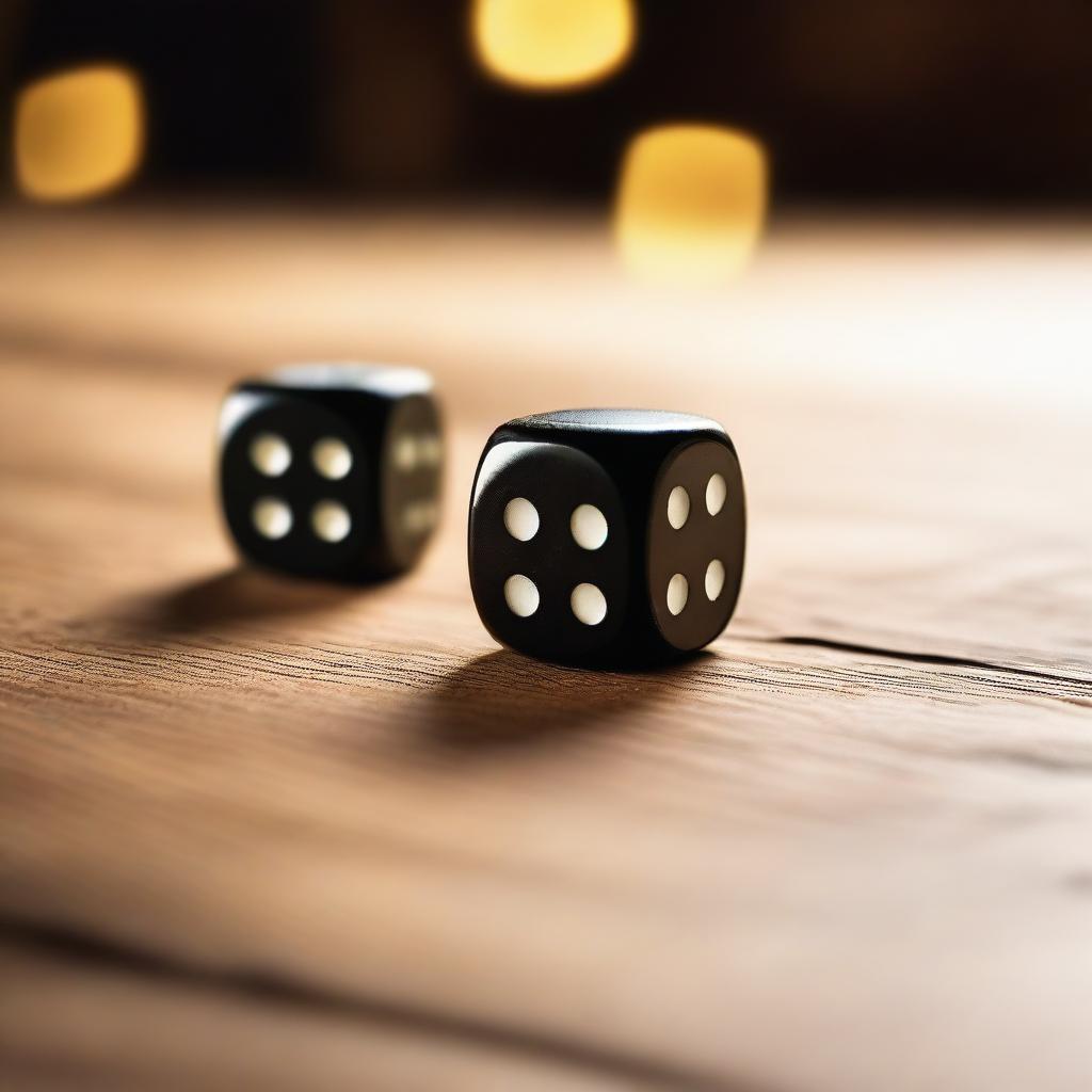 A close-up image of a pair of dice being rolled on a wooden table