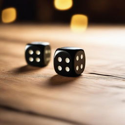 A close-up image of a pair of dice being rolled on a wooden table