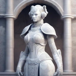 A detailed illustration of a feminine warforged character made of white porcelain