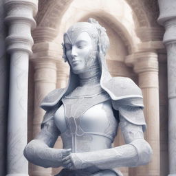 A detailed illustration of a feminine warforged character made of white porcelain