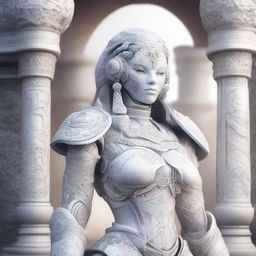 A detailed illustration of a feminine warforged character made of white porcelain