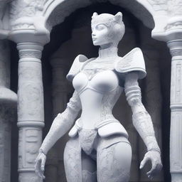 A detailed illustration of a feminine warforged character made of white porcelain