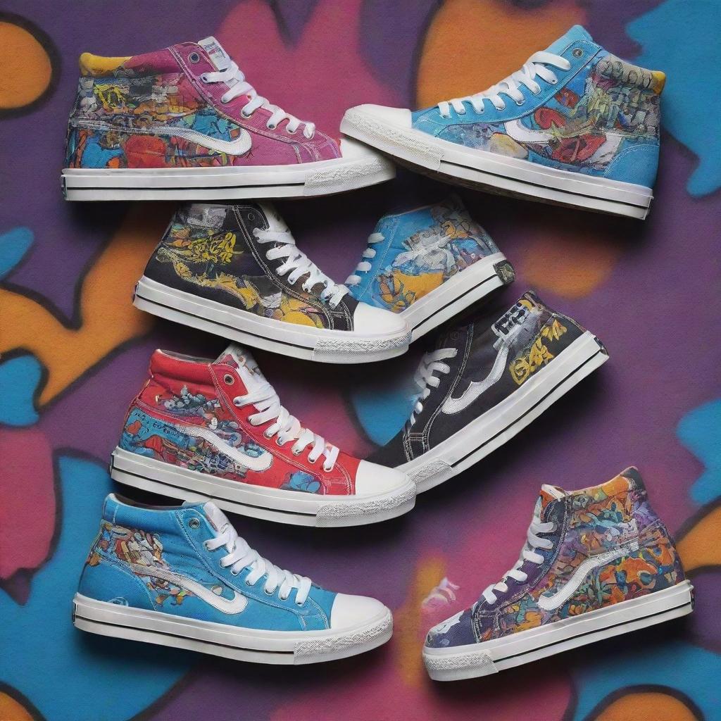 Sneaker-centric graphic design with a variety of trendy high-top and low-top sneakers, vibrant colours and street-art graffiti elements.