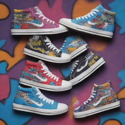 Sneaker-centric graphic design with a variety of trendy high-top and low-top sneakers, vibrant colours and street-art graffiti elements.