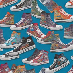 Sneaker-centric graphic design with a variety of trendy high-top and low-top sneakers, vibrant colours and street-art graffiti elements.