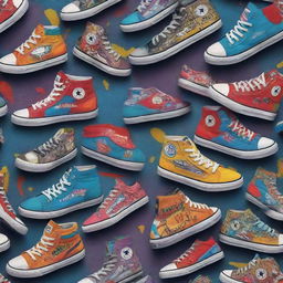 Sneaker-centric graphic design with a variety of trendy high-top and low-top sneakers, vibrant colours and street-art graffiti elements.