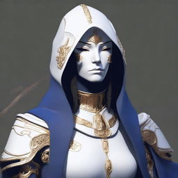 A feminine warforged made of white porcelain, wearing fitted dark blue robes with gold threading and a hood