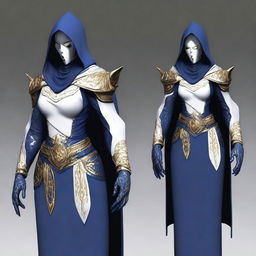A feminine warforged made of white porcelain, wearing fitted dark blue robes with gold threading and a hood
