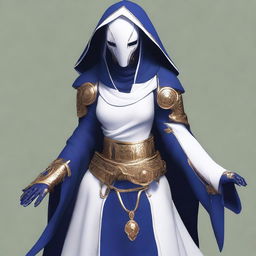 A feminine warforged made of white porcelain, wearing fitted dark blue robes with gold threading and a hood
