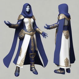 A feminine warforged made of white porcelain, wearing fitted dark blue robes with gold threading and a hood