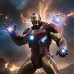 An epic battle scene between Iron Man, in full armor and blazing repulsors, and Thanos, wielding the fully gemmed Infinity Gauntlet, amidst a cosmic backdrop.