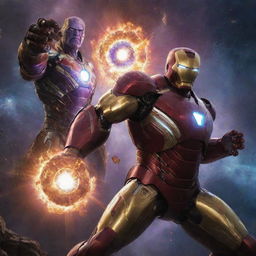 An epic battle scene between Iron Man, in full armor and blazing repulsors, and Thanos, wielding the fully gemmed Infinity Gauntlet, amidst a cosmic backdrop.