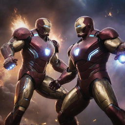 An epic battle scene between Iron Man, in full armor and blazing repulsors, and Thanos, wielding the fully gemmed Infinity Gauntlet, amidst a cosmic backdrop.