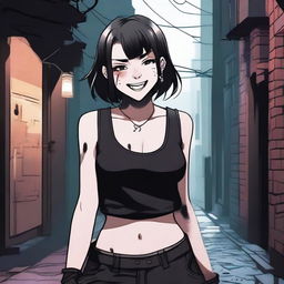 A short girl with black spots on her face, protruding fangs, and a sarcastic smile