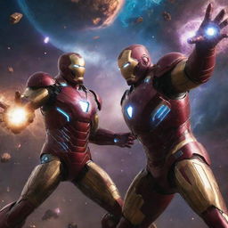 An epic battle scene between Iron Man, in full armor and blazing repulsors, and Thanos, wielding the fully gemmed Infinity Gauntlet, amidst a cosmic backdrop.