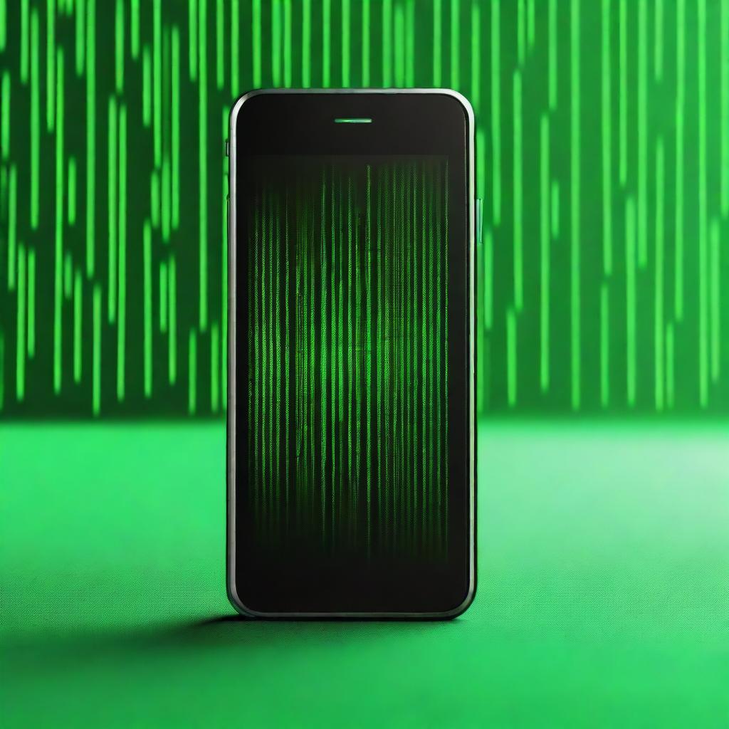 Generate an image of a modern smartphone with a background inspired by The Matrix