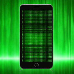 Generate an image of a modern smartphone with a background inspired by The Matrix