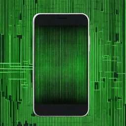 Generate an image of a modern smartphone with a background inspired by The Matrix