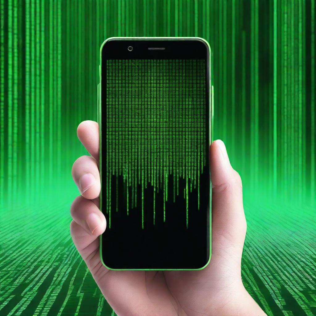 Generate an image of a modern smartphone with a background inspired by The Matrix