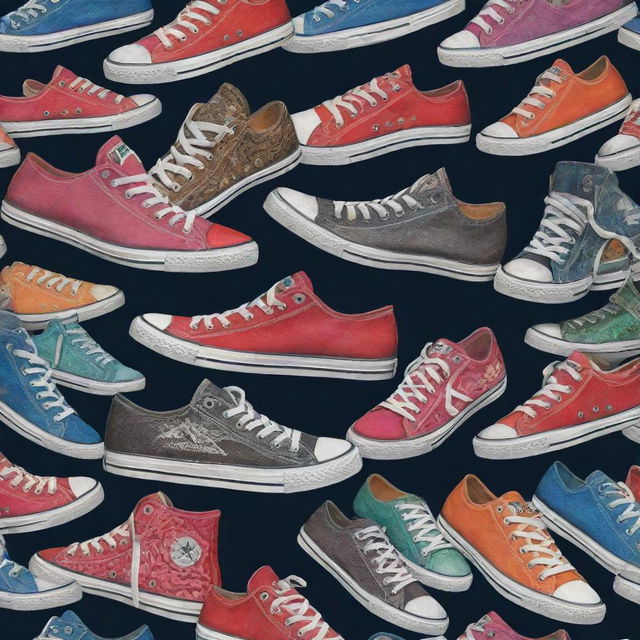 An artistic and striking graphic design featuring a collection of stylish sneakers, perfect to imprint on a t-shirt.