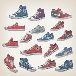 An artistic and striking graphic design featuring a collection of stylish sneakers, perfect to imprint on a t-shirt.