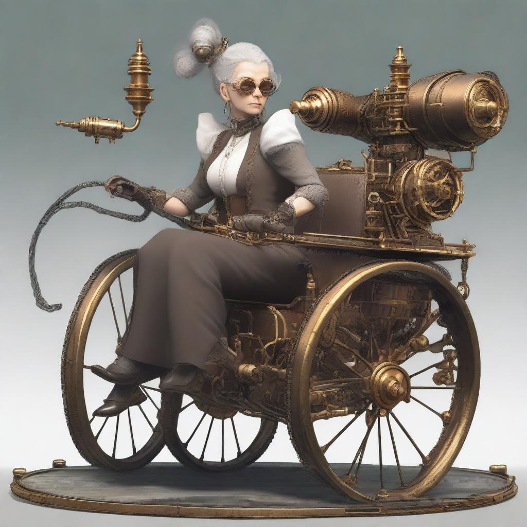 A steampunk-style scene featuring a 64-year-old female bombardier with gray hair tied up in a braid