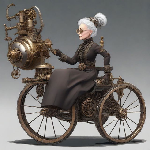 A steampunk-style scene featuring a 64-year-old female bombardier with gray hair tied up in a braid