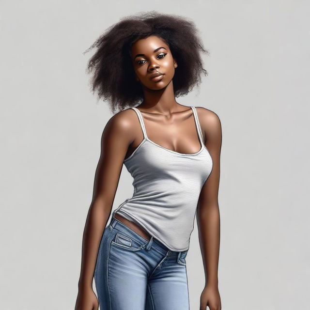 A realistic image of an 18-year-old Black woman in a sexy pose, depicted in almost the real world