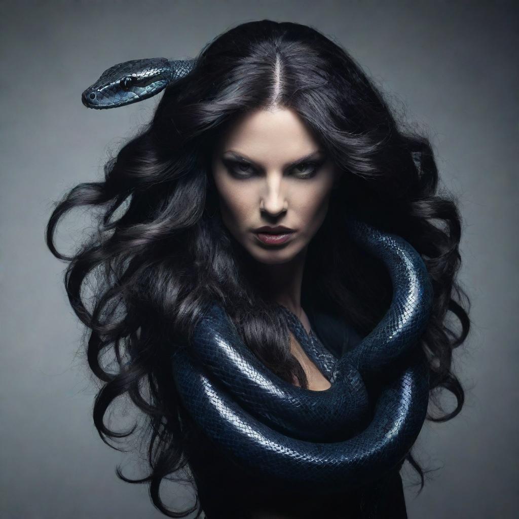 A snake styled with long, flowing dark hair, exuding an aura of mystique and darkness.