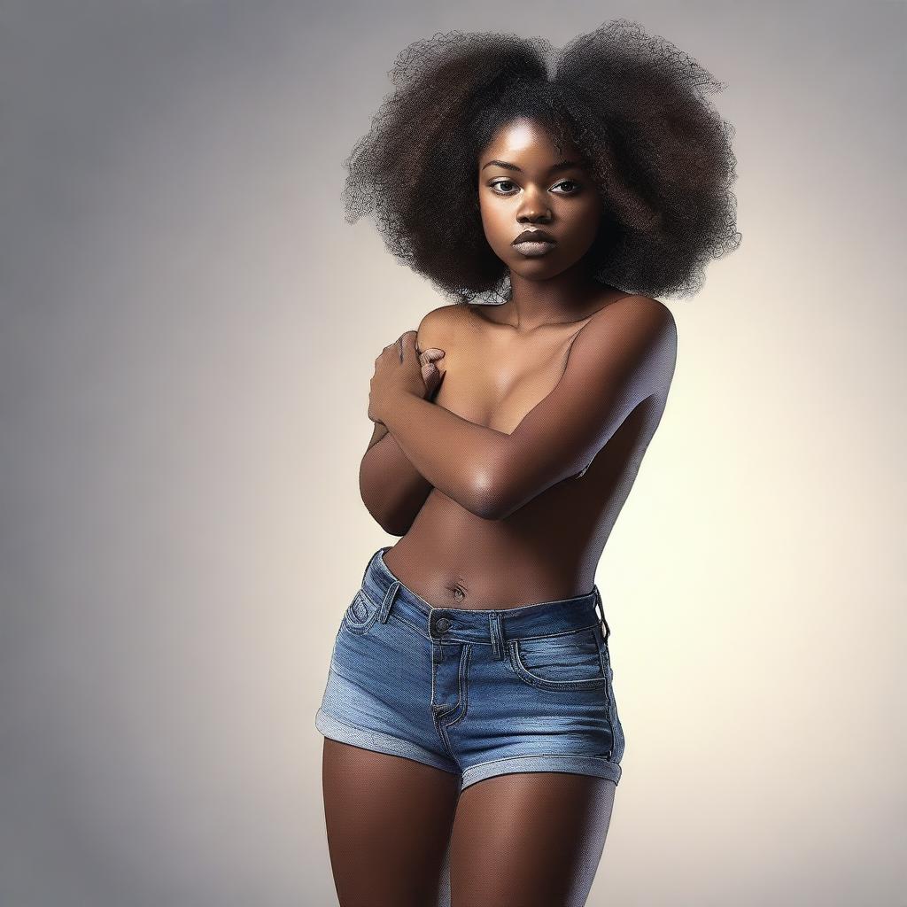 A realistic image of an 18-year-old black woman in a sexy pose, depicted in almost the real world