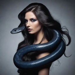 A snake styled with long, flowing dark hair, exuding an aura of mystique and darkness.