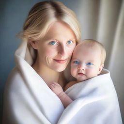 A young blonde German mother holding a baby with blue eyes and blonde hair