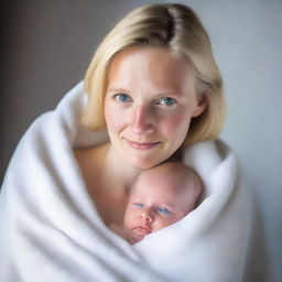 A young blonde German mother holding a baby with blue eyes and blonde hair