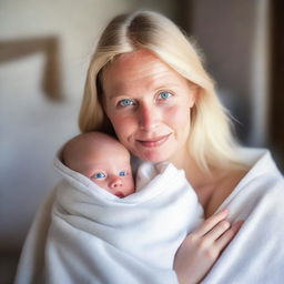 A young blonde German mother holding a baby with blue eyes and blonde hair