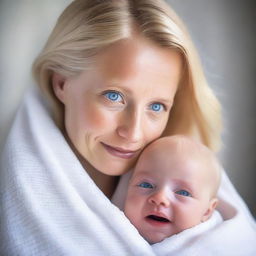 A young blonde German mother holding a baby with blue eyes and blonde hair