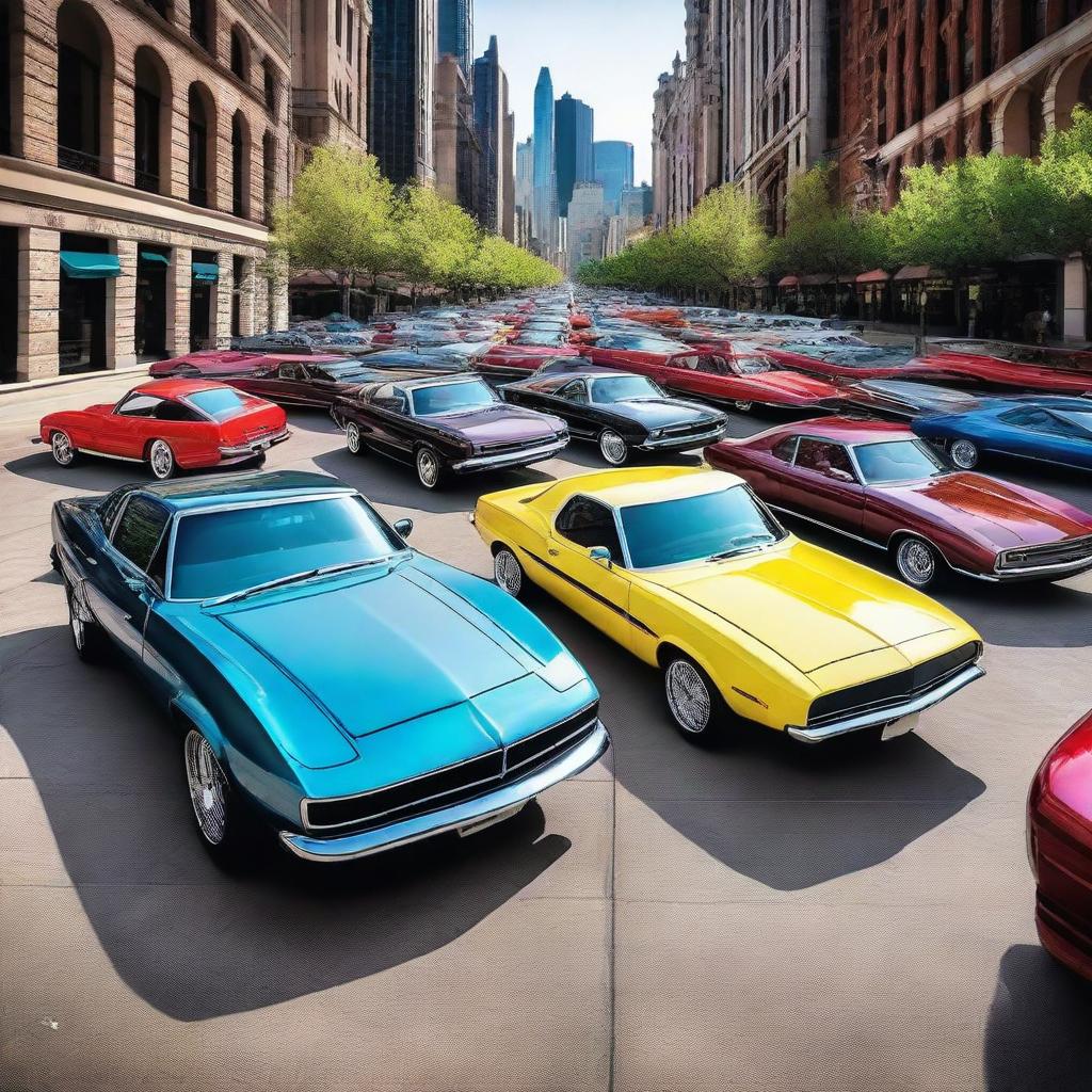 A detailed image of various cars from different eras and styles, including classic vintage cars, modern sports cars, and futuristic concept cars, all displayed in a vibrant and dynamic cityscape setting