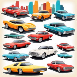 A detailed image of various cars from different eras and styles, including classic vintage cars, modern sports cars, and futuristic concept cars, all displayed in a vibrant and dynamic cityscape setting