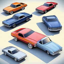 A detailed image of various cars from different eras and styles, including classic vintage cars, modern sports cars, and futuristic concept cars, all displayed in a vibrant and dynamic cityscape setting