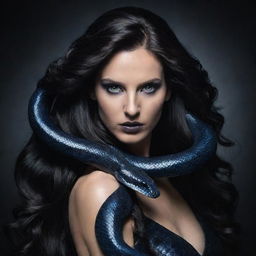 A snake styled with long, flowing dark hair, exuding an aura of mystique and darkness.