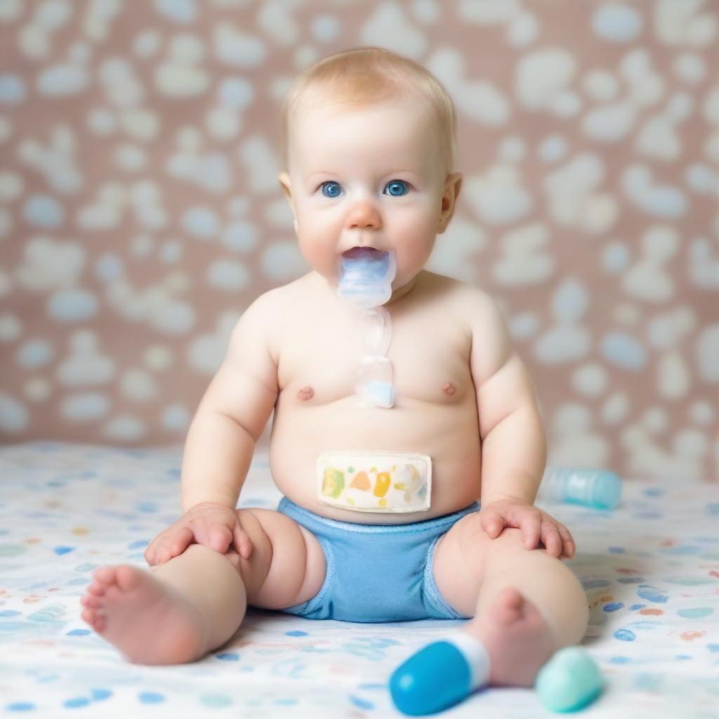 A full-body image of a blonde baby with blue eyes, sitting down