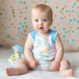 A full-body image of a blonde baby with blue eyes, sitting down