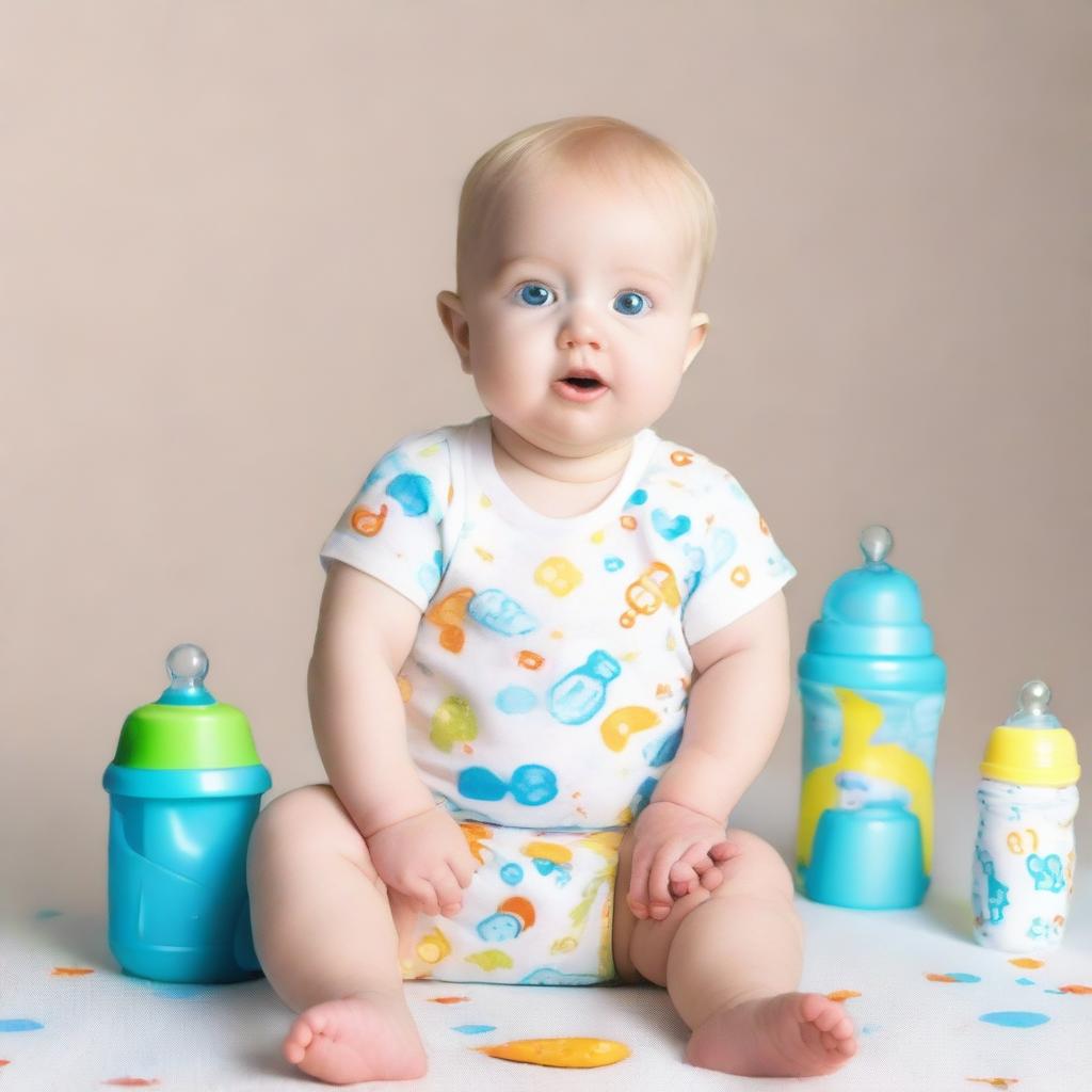 A full-body image of a blonde baby with blue eyes, sitting down