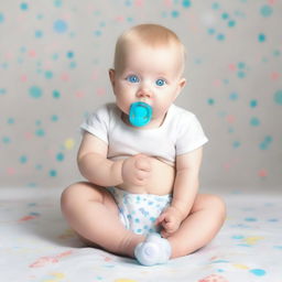 A full-body image of a blonde baby with blue eyes, sitting down