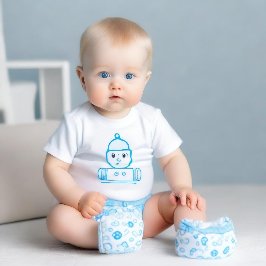 A blonde baby with blue eyes, sitting with a full body view