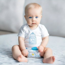 A blonde baby with blue eyes, sitting with a full body view