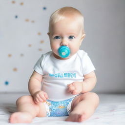 A blonde baby with blue eyes, sitting with a full body view