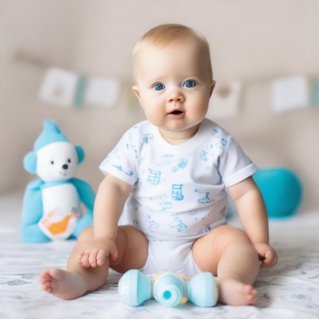 A blonde baby with blue eyes, sitting with a full body view